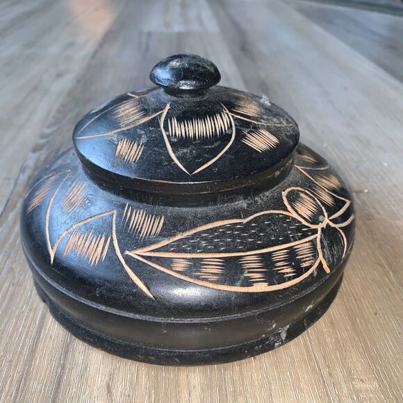 Vintage Handmade Hand Carved 7" Round Wooden Trinket Jewelry Storage Bowl w/ Lid - Picture 1 of 7